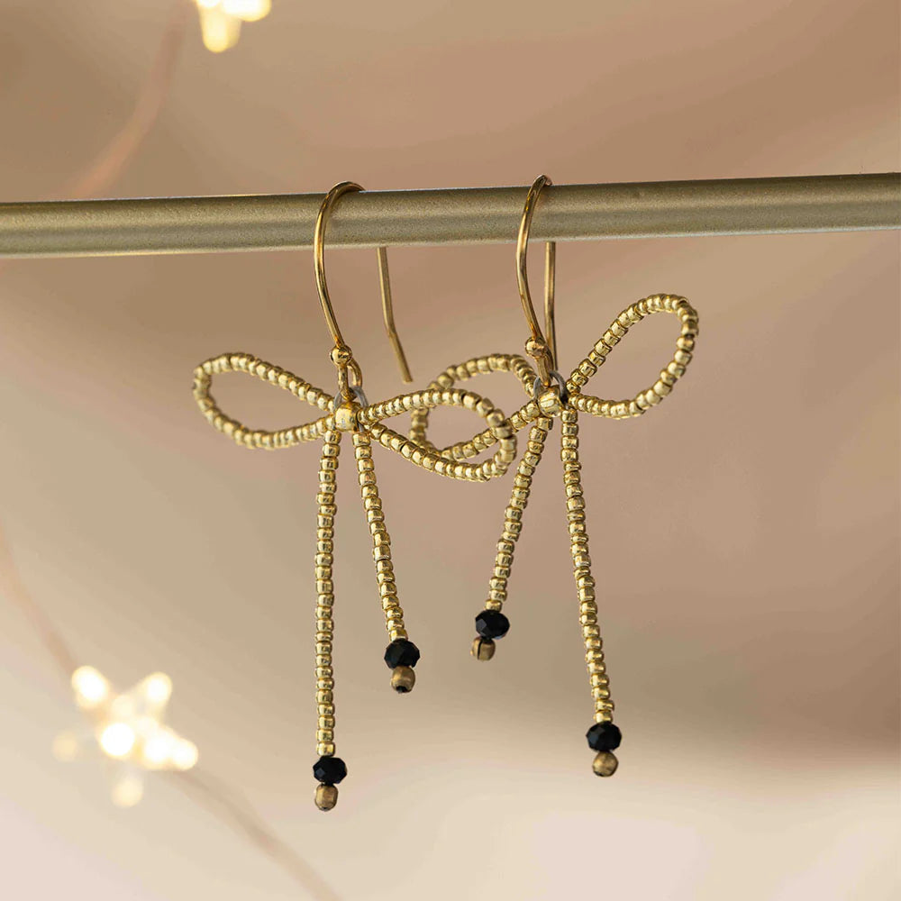 Bow Black Onyx Gold Colored Earrings Gold Coated