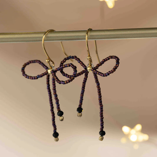 Bow Black Onyx Red Colored Earrings Gold Coated