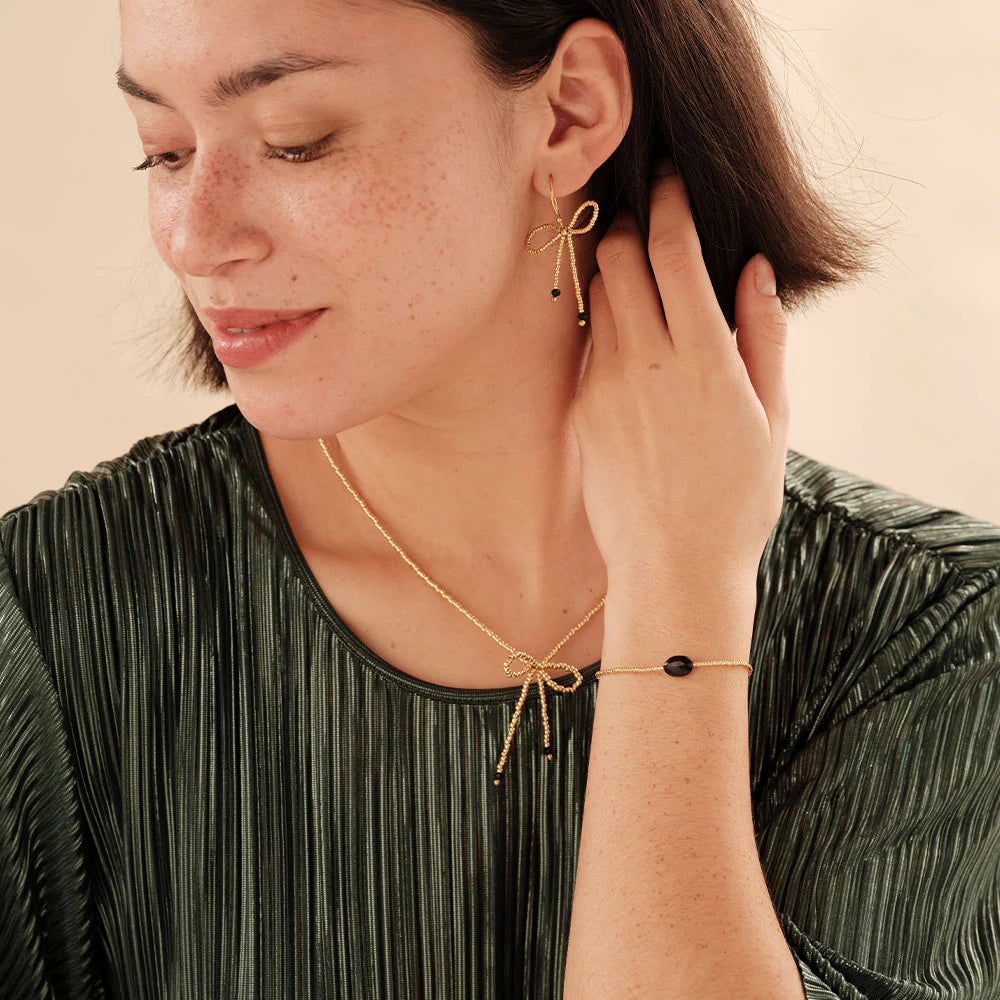Bow Black Onyx Gold Colored Earrings Gold Coated